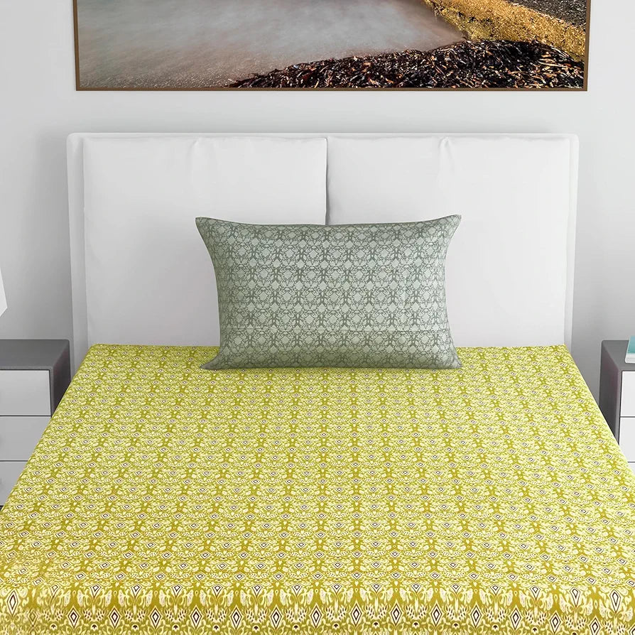 Divine Casa 144 TC 100% Pure Cotton Single Bedsheet with 1 Pillow Cover | Soft & Skin-Friendly Fabric for Everyday Comfort | All-Season Use | Size 223 X 145 CM | Ikat Diamond Print | Mustard Yellow