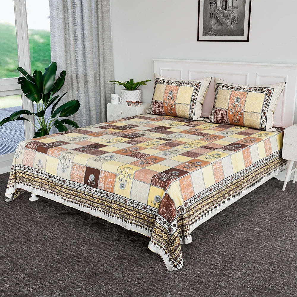 Kuber Industries 100x108 Inch Cotton Bedsheets for Double Bed with 2 Pillow Covers | Easy to Wash & Maintain Double Bedsheet Cotton Fabric - for Daily Use | Candy Flower -Brown & Yellow