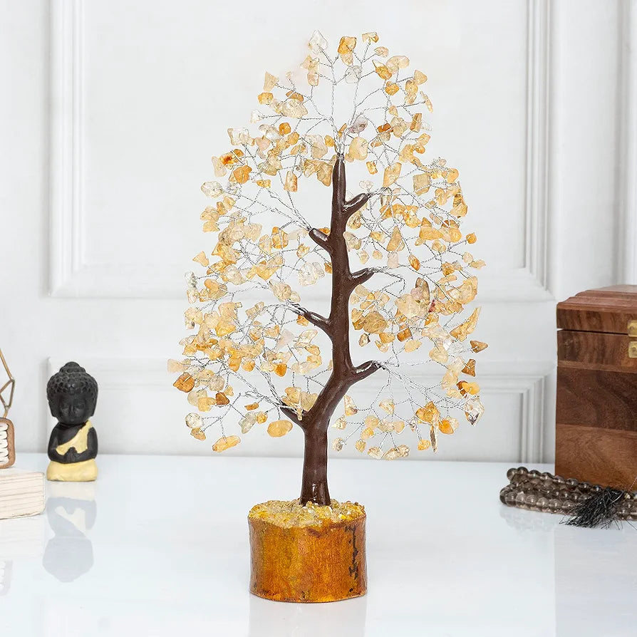 HindCraft Citrine Chakra Crystal Tree Good Luck Showpiece for Home Decor Items Crystals Gemstones Bonsai Money Tree for Good Luck, Decoration Gift Item, Silver Wire, 10-12 inch