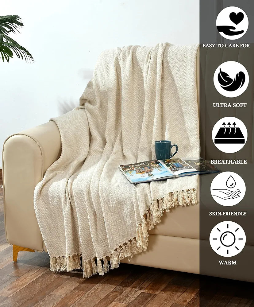 SASHAA WORLD Chevron Cotton Sofa Throw with Tassels | Soft & Durable Blanket | Throw for Chair, Living Room, Badroom, Sofa | Beige & Natural -130x160 cm