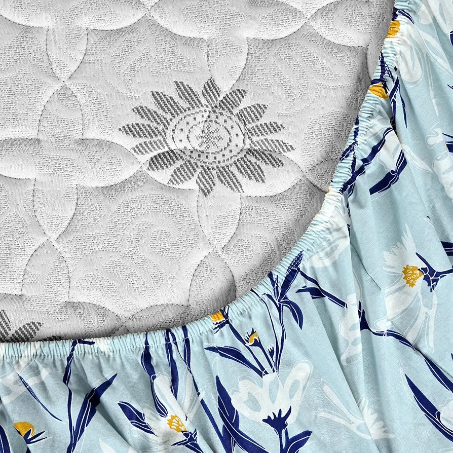 Divine Casa Floret 100% Cotton Double Fitted Bedsheet | 144 TC | Deep Pocket Design | Soft & Breathable Fabric | Durable & Easy Care | 200 x 150 + 25 CM, Water Orchid