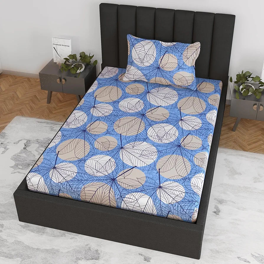 Divine Casa 144 TC Cotton Fitted Bedsheet for Single Bed | 100% Cotton – Floral Blue | Lightweight & Soft with Elastic Fit | Size 198 x 90 cm | Everyday Use