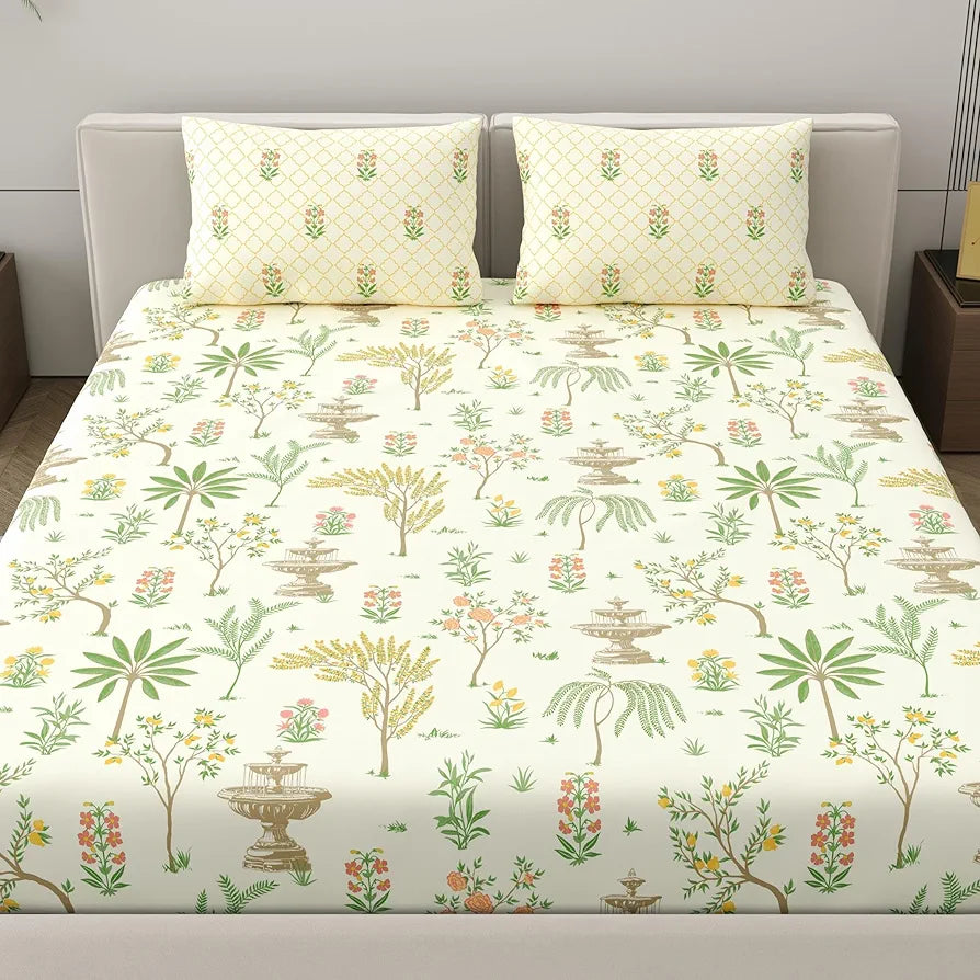 Dreamscape 100% Cotton King Fitted Bedsheet with 2 Pillow Covers - 