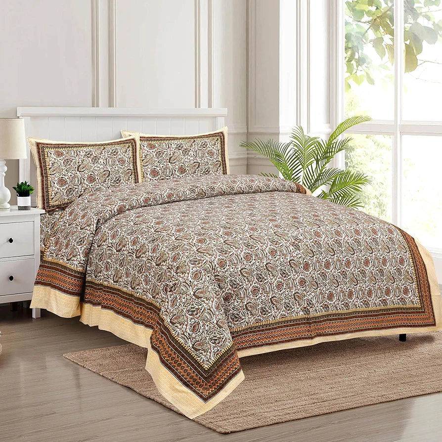 Kuber Industries Double Bedsheet with 2 Pillow Covers | 160 TC Premium Cotton Bedsheet for Double Bed | Bedsheet for Living Room-Home & Hotels | Dezier Bell Print | 90x108 Inch | Cream