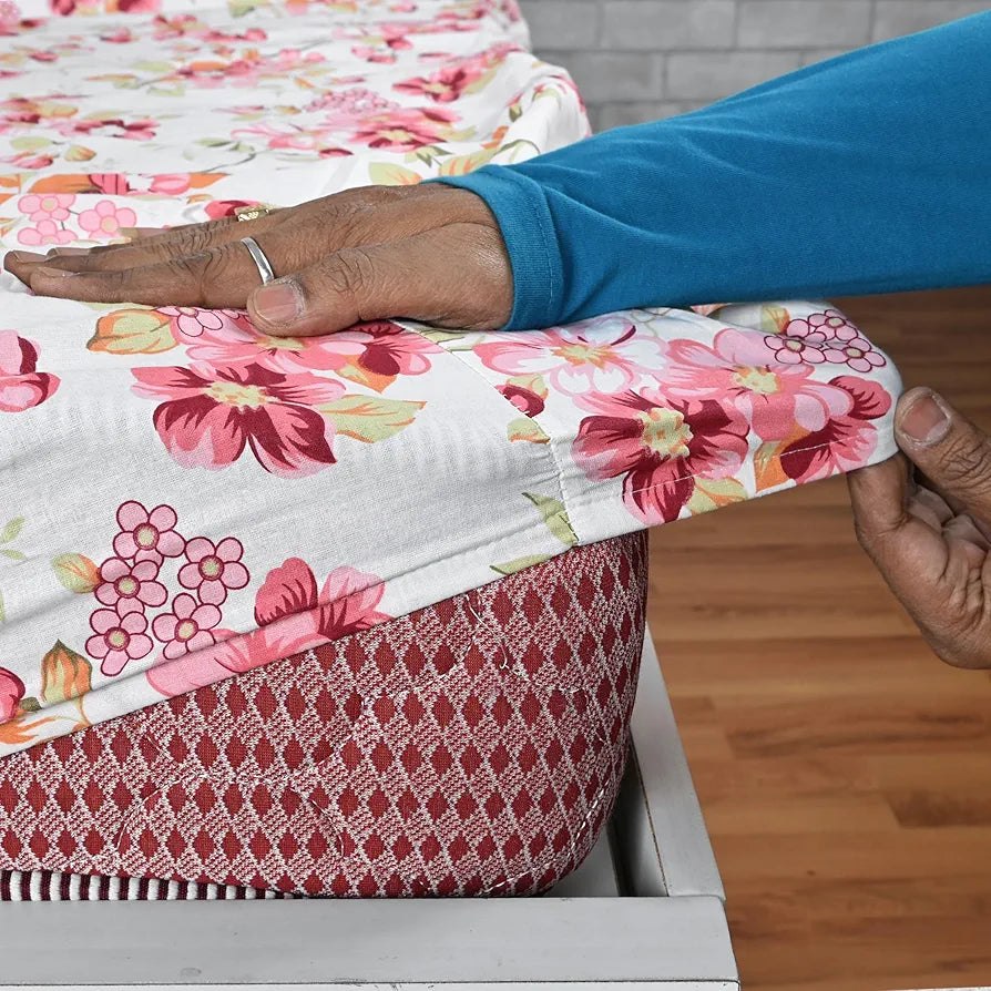Divine Casa Floret 100% Cotton King Fitted Bedsheet | 144 TC | Deep Pocket Design | Soft & Breathable Fabric | Durable & Easy Care | 200 x 185 + 25 CM, Rosy Retreat