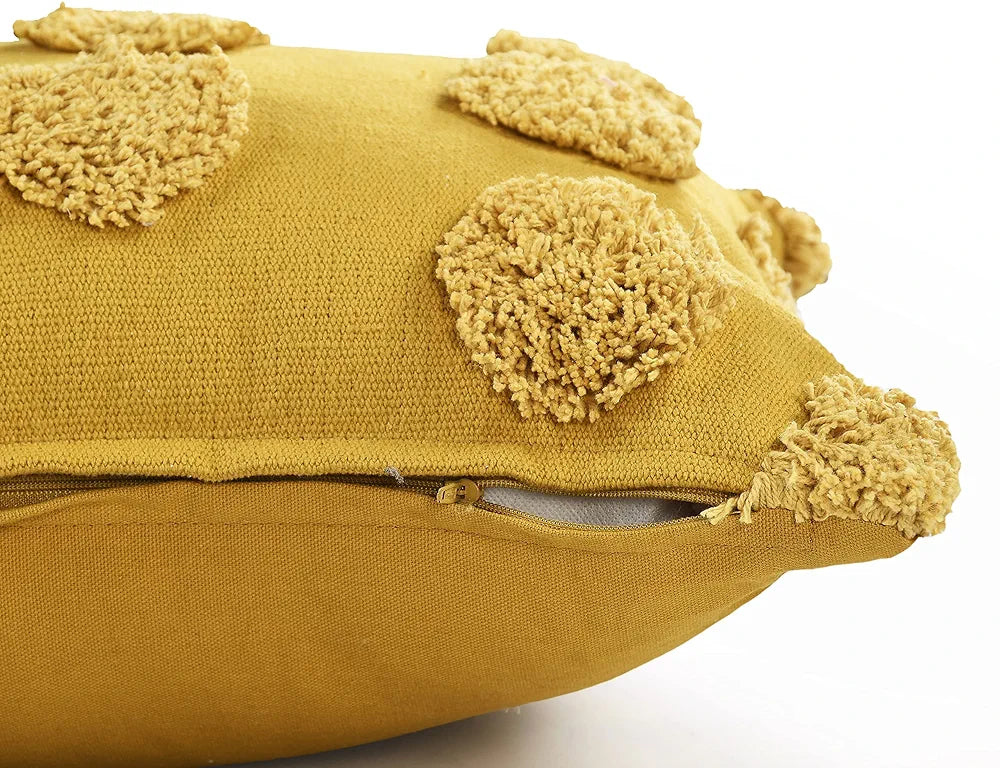 SASHAA WORLD Cotton Tufted Dots Cushion Cover | Mustard Boho Decorative Pillow Cover for Sofa, Living Room, or Bed | Zipper Closure, Elegant Chic Design | 18x18 Inches