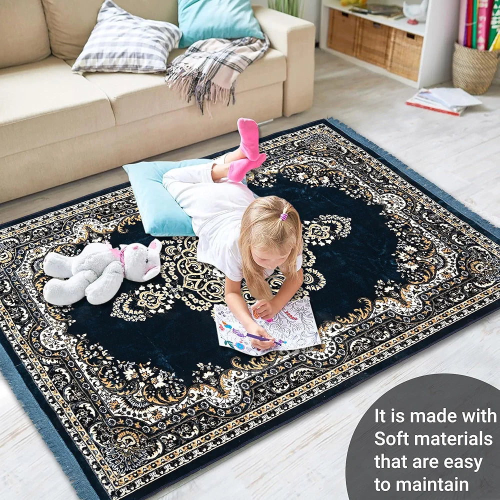 Kuber Industries 5x7 Feet Carpets for Living Room | Machine Washable Bedside Floor Rugs Mat for Bedroom, Balcony & Drawing Room | Floral Print - Navy & Sea Blue