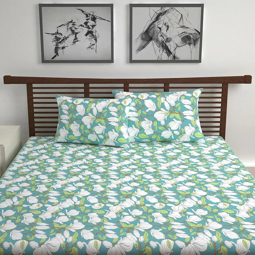 Divine Casa - 144 TC Super Soft 100% Cotton Bedsheet for Double Bed  144 Thread Count - Floral, Meadow Green| 222 x 254 cm