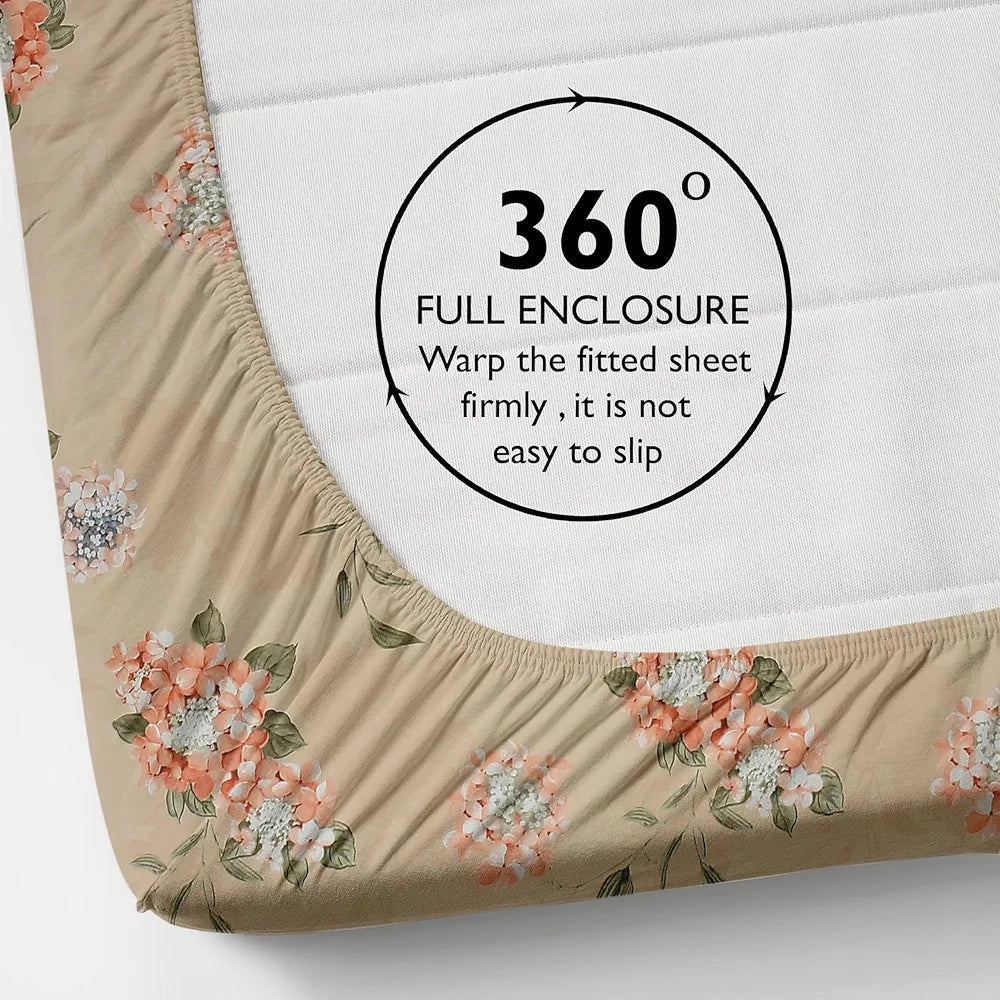 Fresh From Loom Hypoallergenic Floral Print Fitted King Size Bedsheet with 2 Pillow Covers - Microfiber, 240 TC | Beige, Floral Design)