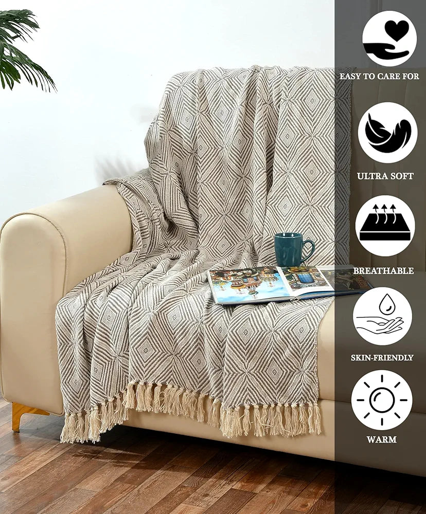 SASHAA WORLD Diamond Weave Comfort Throw | Soft & Plush | Throw for Chair, Living Room, Bedroom, Sofa | Grey and Natural -130x160 cm
