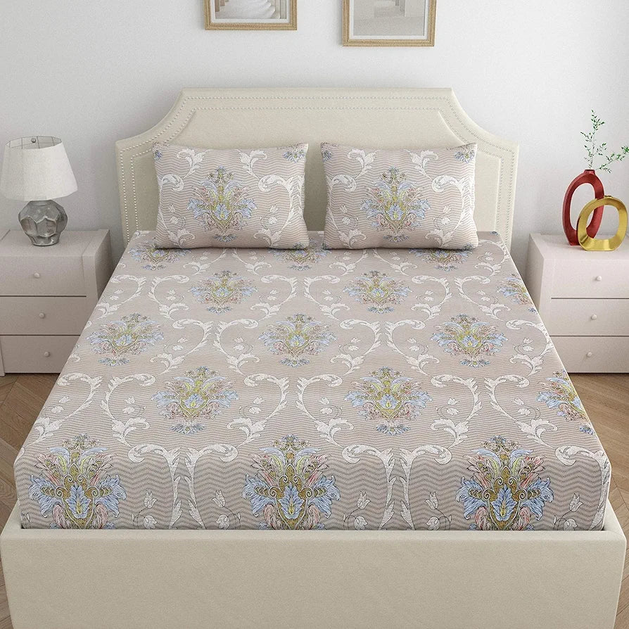 Dreamscape Microfibre Wrinkle & Fade Resistant Fitted Bedsheet for King Bed, 140TC, 1 Fitted Bed Sheet  with 2 Pillow Covers, Beige