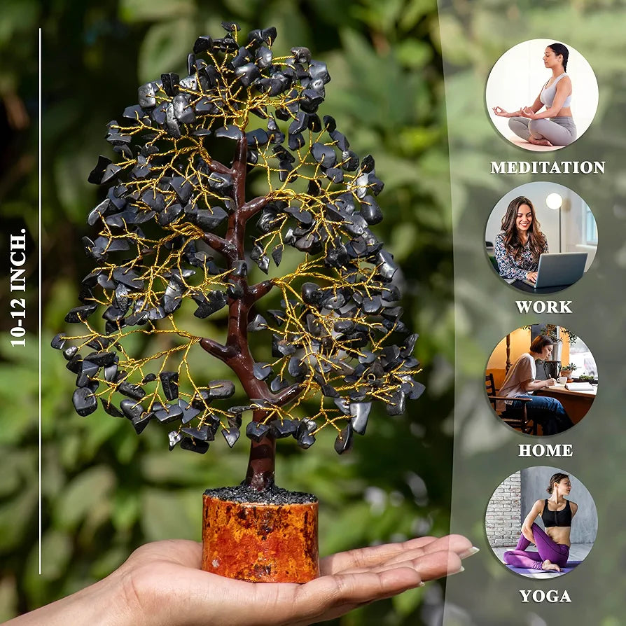 Hindcraft Black Tourmaline Crystal Tree Good Luck Showpiece for Home Decor Items Crystals Gemstones Bonsai Money Tree for Good Luck, Decoration Gift Item, Golden Wire, 10-12 inch
