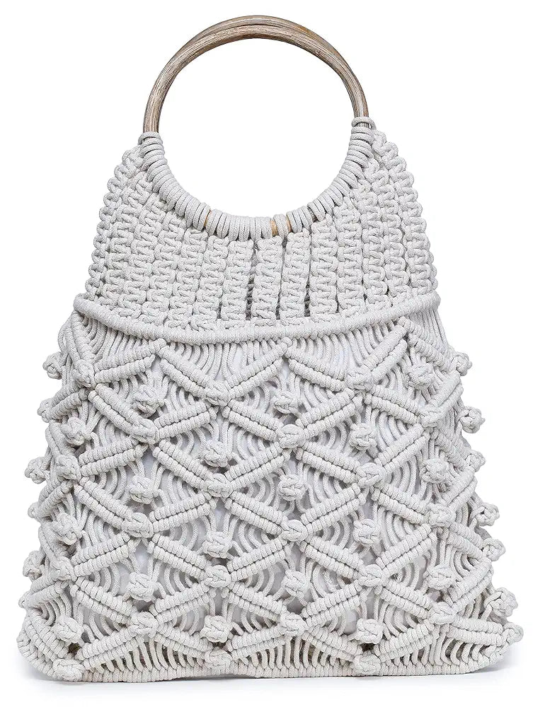 ALII AND ALIIZEY Off-White Macrame Braided Wooden Handle HandBag 