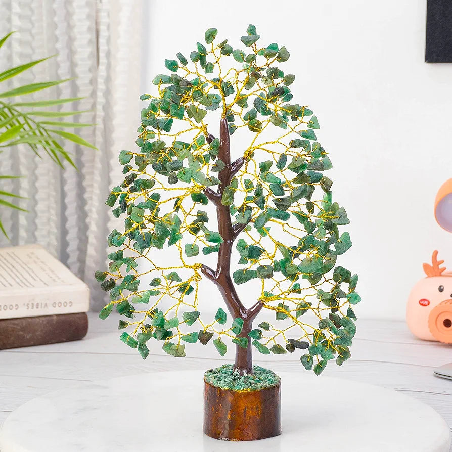 HindCraft Green Aventurine Crystal Tree Good Luck Showpiece for Home Decor Items Crystals Gemstones Bonsai Money Tree for Good Luck, Decoration Gift Item, Golden Wire, 10-12 inch