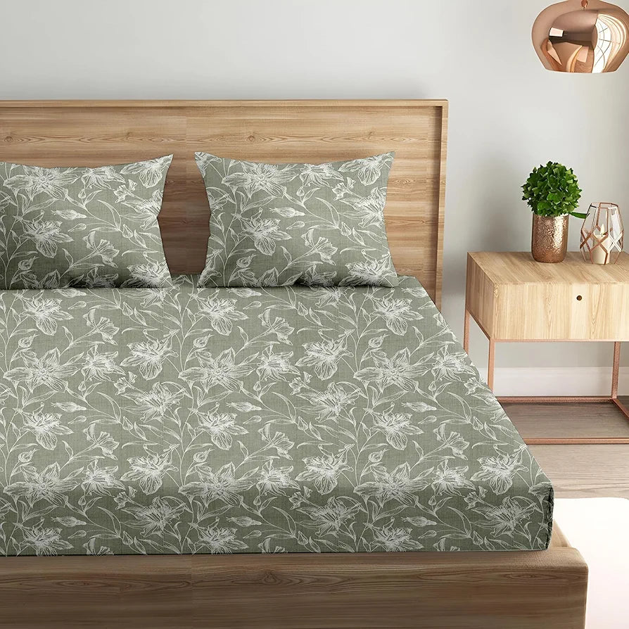 Trance Home Linen 100% Cotton 144TC Elastic Fitted Bedsheet | Printed Queen Bed Size Elasticate Fitted Bedspread with 2 Pillow Covers 