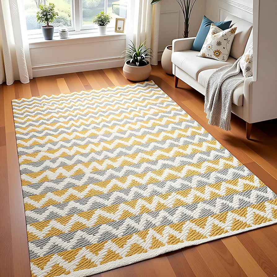 SAJAVAT HOME Cotton Rectangular Floor Rug | Tuscan Sun Yellow & Grey Area Rug for Living Room, Bedroom, and Home Decor | Hand Woven & Reversible Design | 3x5 Feet  | Pack of 1