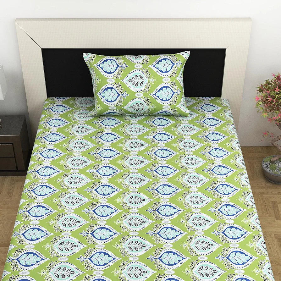Divine Casa Bedsheet for Single Size Bed 144 TC Cotton Bedsheet for Single Size Bed with 1 Pillow Cover  Floral Palm Green Cotton Bedsheet
