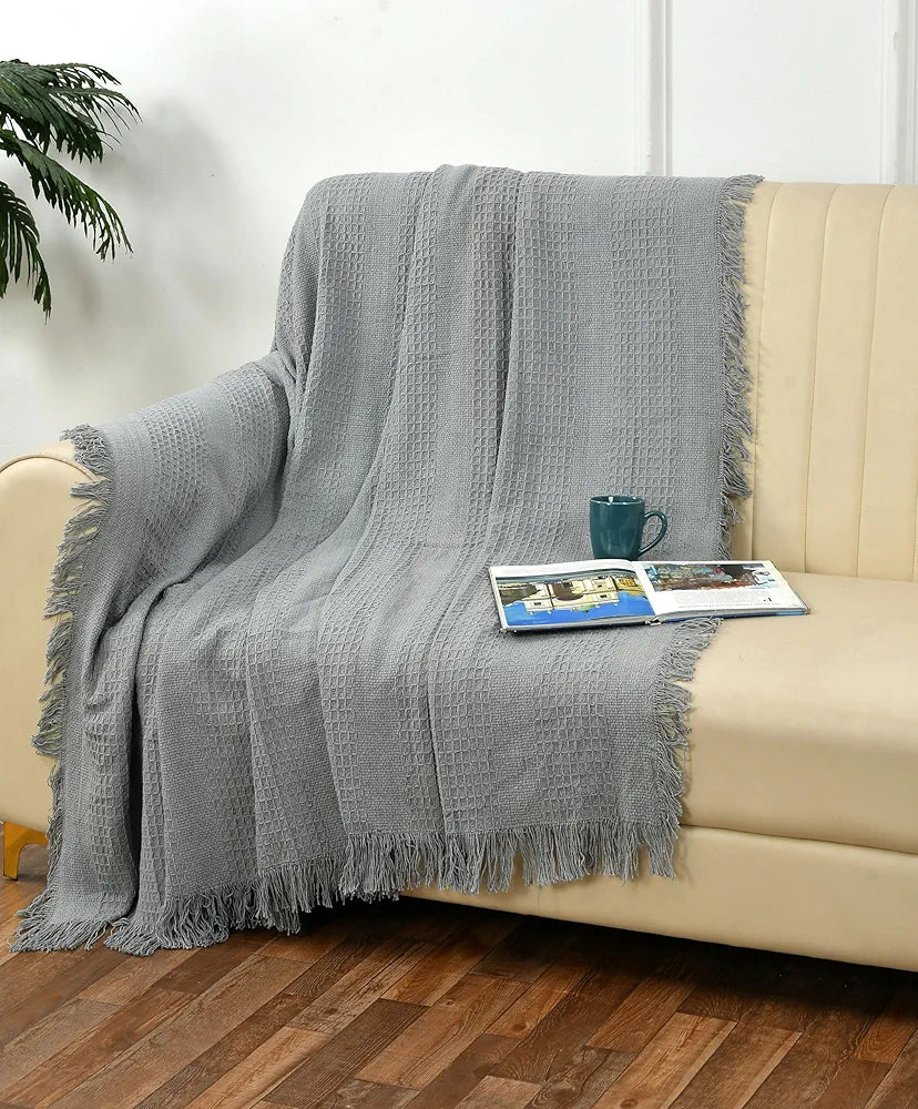 SASHAA WORLD Grey Cotton Throw for Sofa | Textured Woven Design | Soft, Lightweight & Breathable | Fringed Sofa Cover in Solid Grey | 100% Cotton bedcover, 200x200 cm