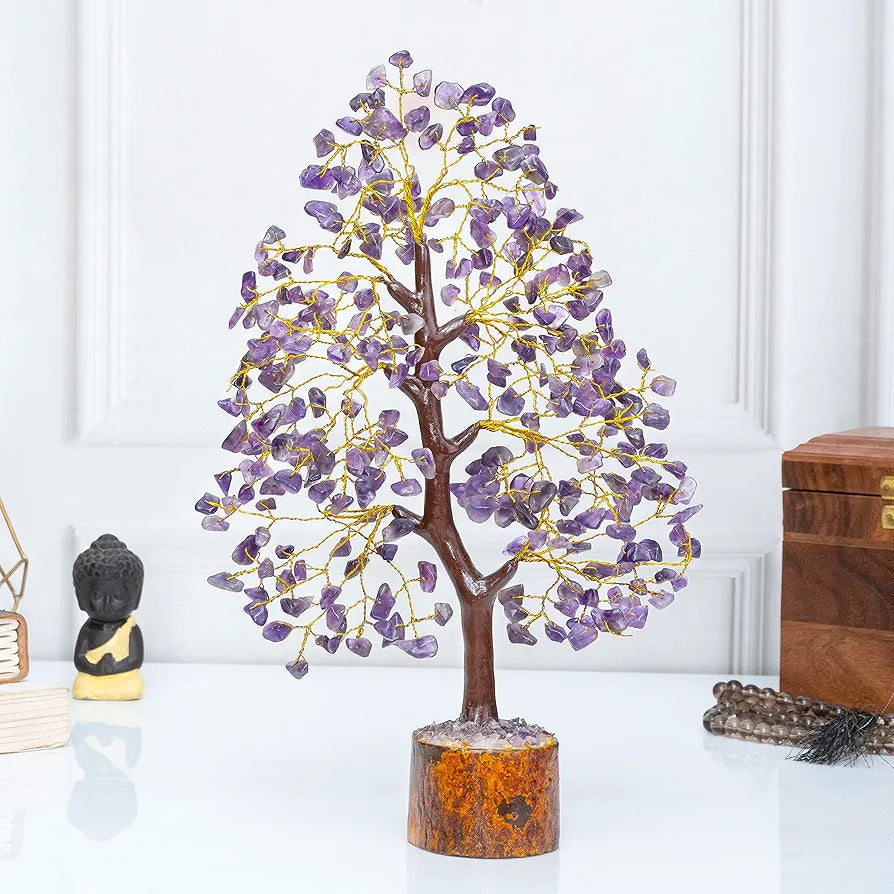 HindCraft Amethyst Chakra Crystal Tree Good Luck Showpiece for Home Decor Items Crystals Gemstones Bonsai Money Tree for Good Luck, Decoration Gift Item, Golden Wire, 10-12 inch