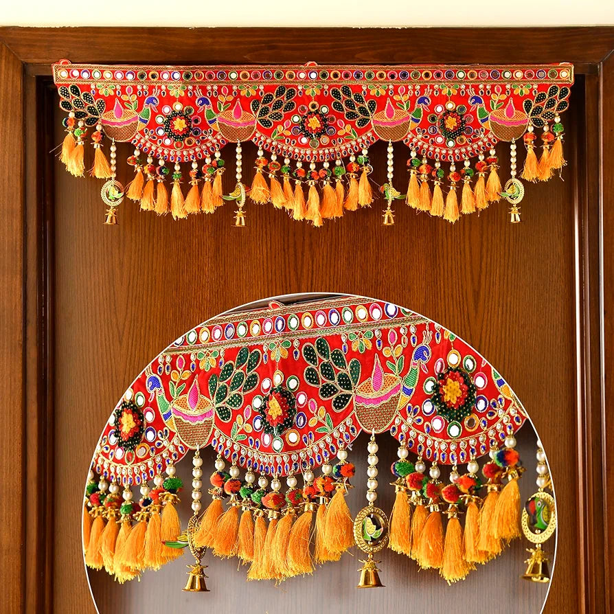 CraftVatika Embroidery Work Toran for Home Wall Door Decoration, Handmade Toranam Bandhanwan for Entrance Diwali Wedding, Peacock Design 3 Feet Length , 37 Inches