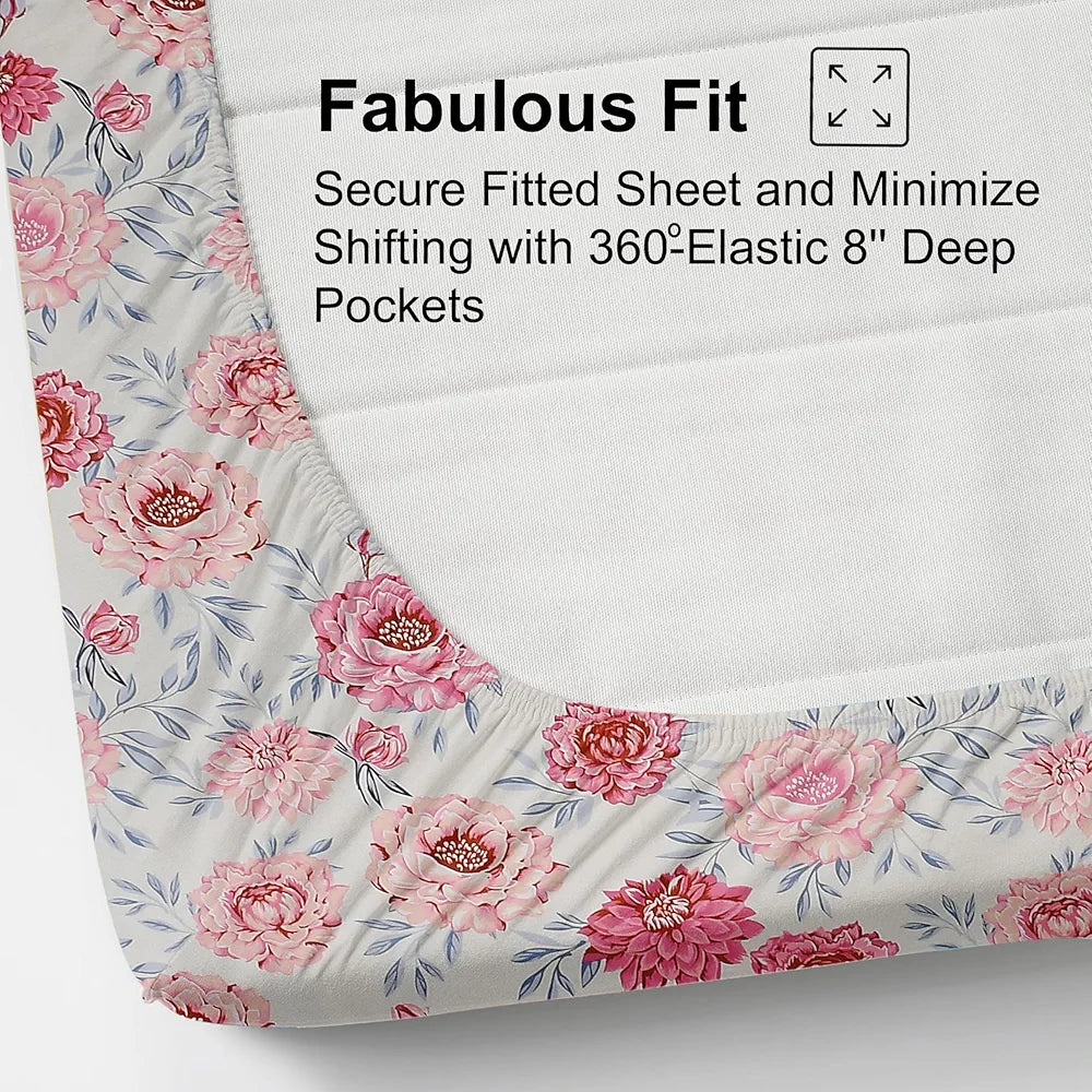 FRESH FROM LOOM Floral Print 240 TC King Size Microfiber Fitted Bedsheet Set - Soft & Anti Fade, 2 Pillow Covers Included  | Rose-Offwhite)