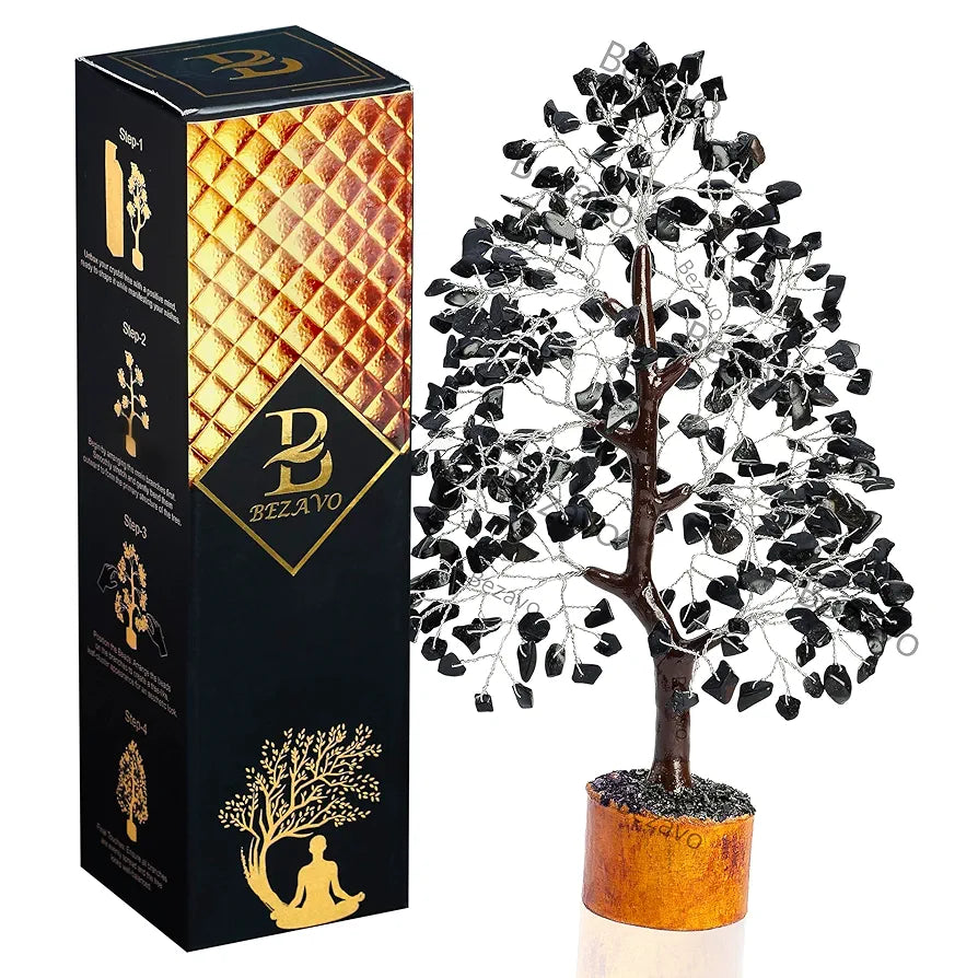 BEZAVO Black Tourmaline Crystal Tree – Healing Money Tree for Feng Shui | Artificial Plant for Home & Office Decoration for Men & Women 