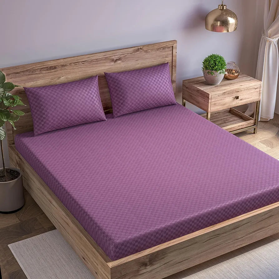 Trance Home Linen 300TC Jacquard Weave Fitted Bedsheet for King Size Bed with 2 Pillow Cover - Skin Friendly, Premium 100% Cotton 