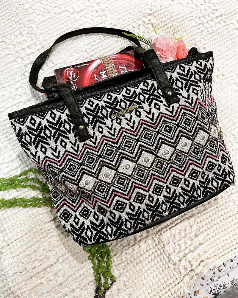 ASTRID Women's Embroidered Cotton Tote Bag With Zip And Completely Biodegradable