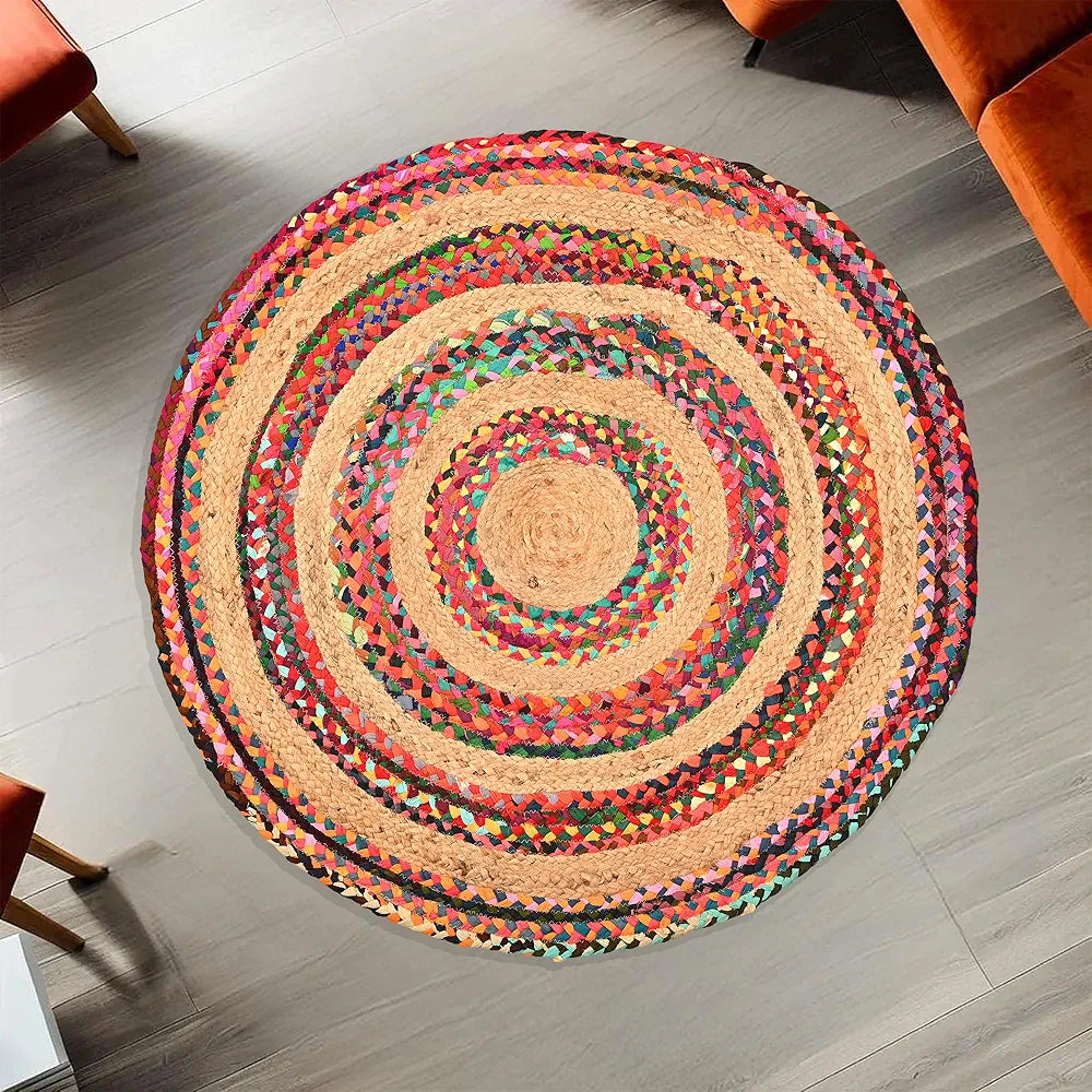 Kuber Industries 3x3 Feet Satranji Round Jute Rug & Carpet for Home & Bedroom | Aesthetic Non-Slip Floor Rugs for Living Room | Stripes - Pink