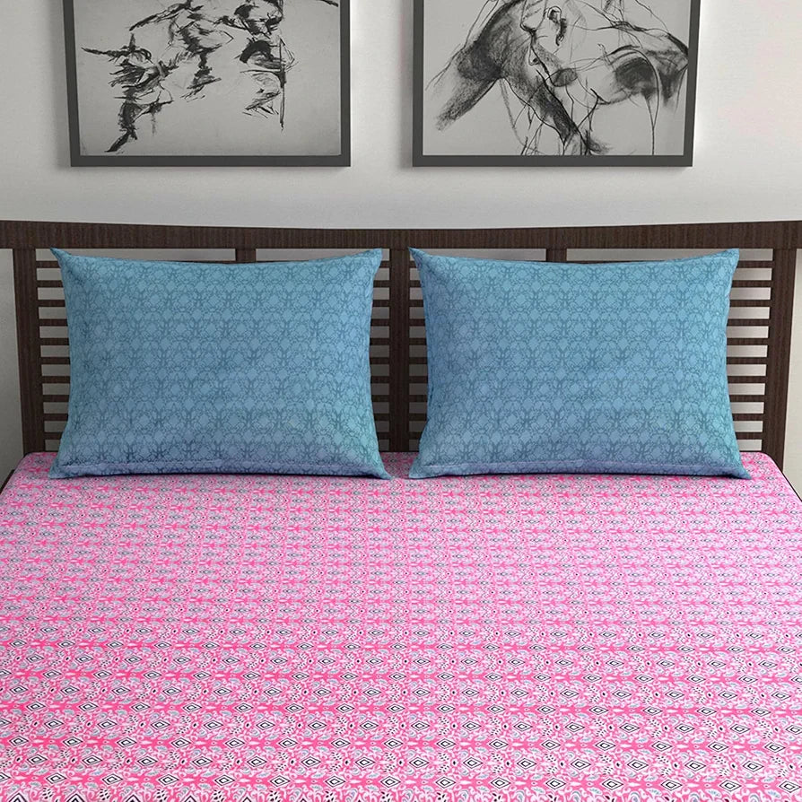 Divine Casa 144 TC 100% Pure Cotton Double Bedsheet with 2 Pillow Covers | Soft & Skin-Friendly Fabric for Everyday Comfort | All-Season Use | Size 222 x 254 CM | Geometric Petal | Pink Fuchsia