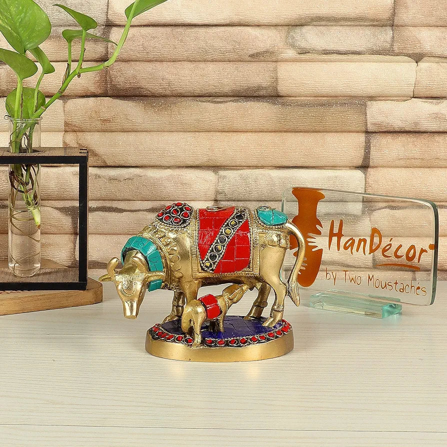 Two Moustaches Gemstone Work 5.5 Inches Kamdhenu Cow Brass Showpiece, Standard, Multicolor, Pack of 1