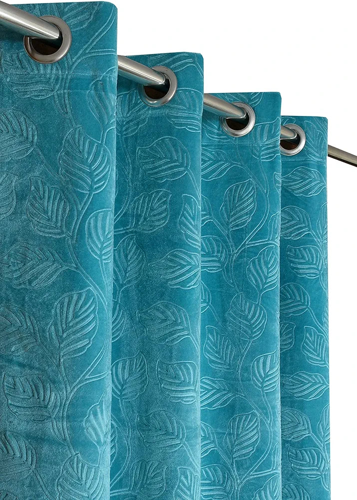 Leaf Velvet Room Darkening Door Curtains 7 feet Long for Living Room Bedroom Hall Room, Aqua Firozi, Set of 1