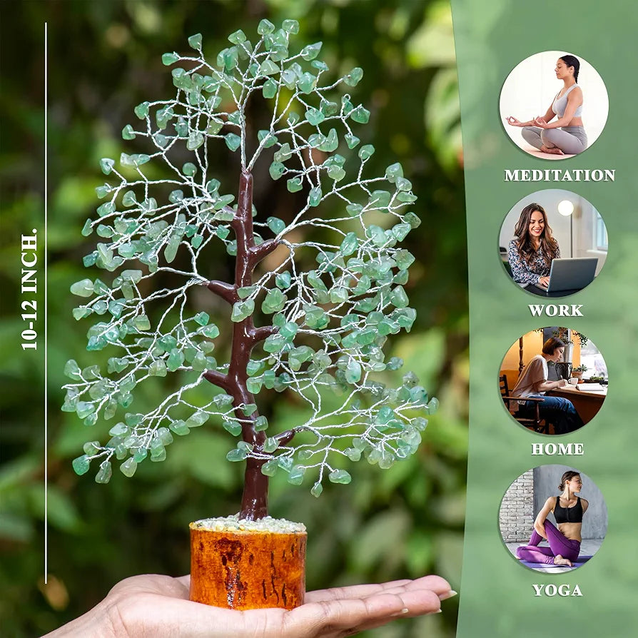 HindCraft Green Jade Crystal Tree Good Luck Showpiece for Home Decor Items Crystals Gemstones Bonsai Money Tree for Good Luck, Decoration Gift Item, Silver Wire, 10-12 inch