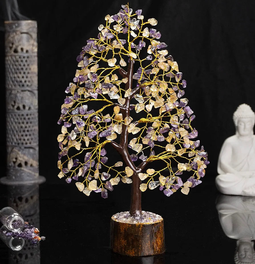 HindCraft Amethyst & Citrine Crystal Tree Good Luck Showpiece for Home Decor Items Crystals Gemstones Bonsai Money Tree for Good Luck, Decoration Gift Item, Golden Wire, 10-12 inch