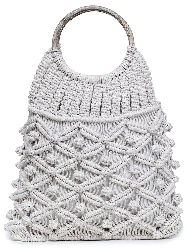 ALII AND ALIIZEY Off-White Macrame Braided Wooden Handle HandBag 