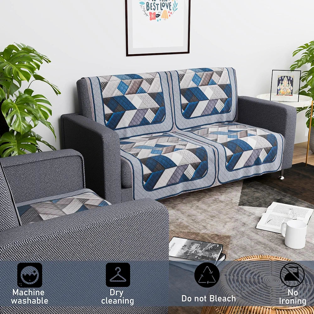 Kuber Industries Set of 6 Velvet 2+1 Seater Sofa Covers for Living Room | Easy Machine Washable Sofe ke cover for Home Comfort | Triangular-Grey & Blue