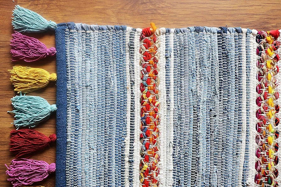 THE HOME TALK Cotton Chindi Rug | Denim Weived | Carpets for Bathroom, Entrance Door, Kitchen, Entry Gate, Living Room | Recycled Thread Weave Rug | Anti-Skid | 2 x 5 Feet | Denim Blue