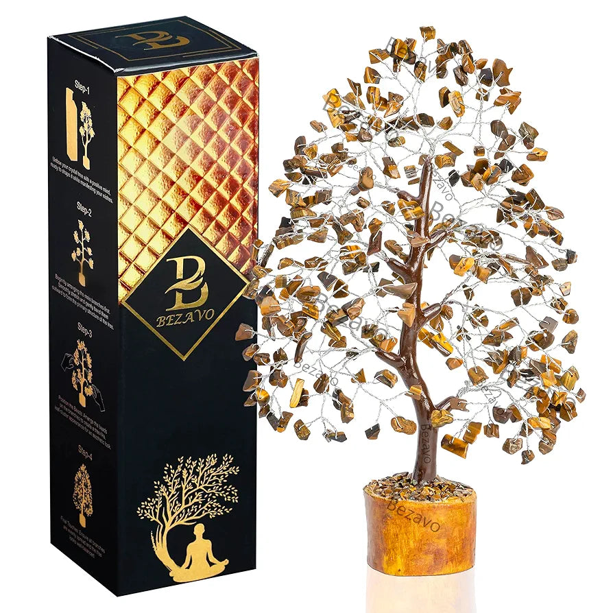 BEZAVO Tiger Eye Crystal Tree – Tree of Life for Good Luck & Prosperity | Artificial Decor for Home & Office | Ideal Housewarming Gift for Men & Women 