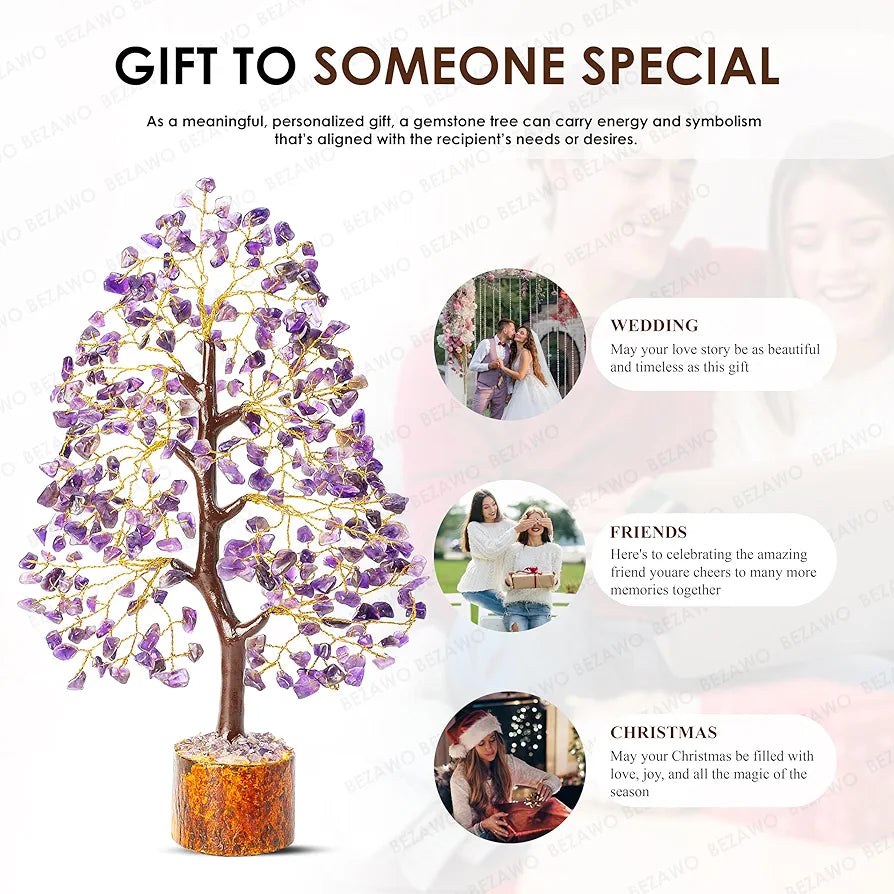 BEZAVO Amethyst Gemstone Crystal Bonsai Tree – Good Luck Money Tree for Home & Office Decor | Gift Item for Prosperity & Positive Energy – 10-12 Inch 