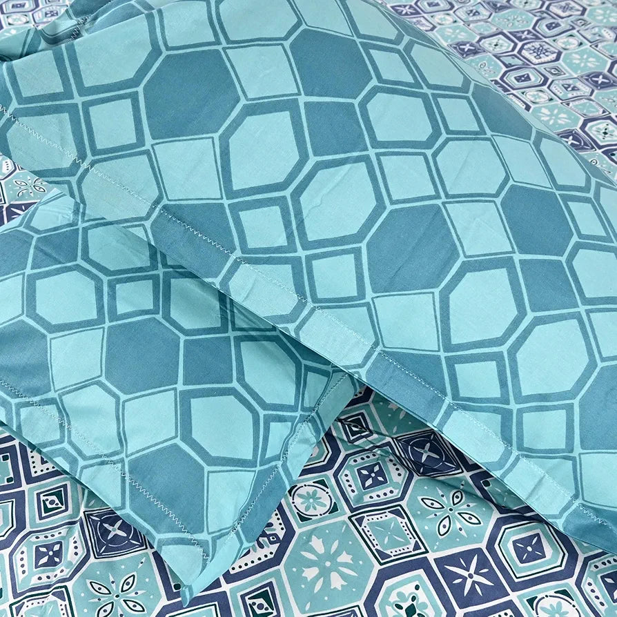 Divine Casa 144 TC 100% Pure Cotton Double Bedsheet with 2 Pillow Covers | Soft & Skin-Friendly Fabric for Everyday Comfort | All-Season Use | Size 222 x 254 CM | Geo Nordic Hexa | Ice Aqua Blue