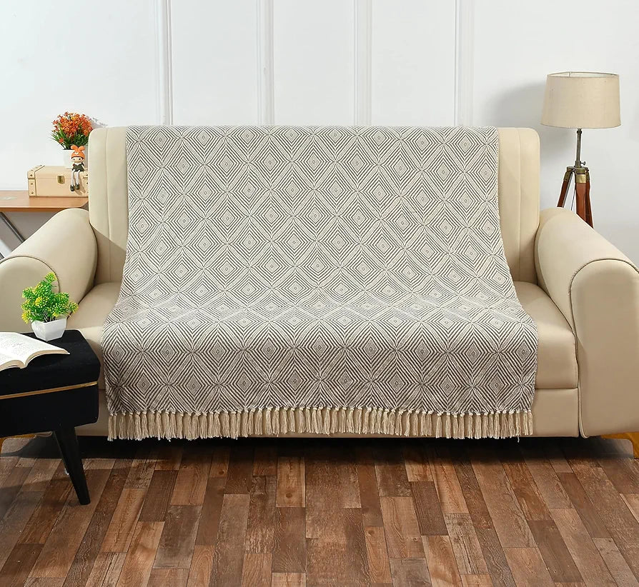 SASHAA WORLD Diamond Weave Comfort Throw | Soft & Plush | Throw for Chair, Living Room, Bedroom, Sofa | Grey and Natural -130x160 cm