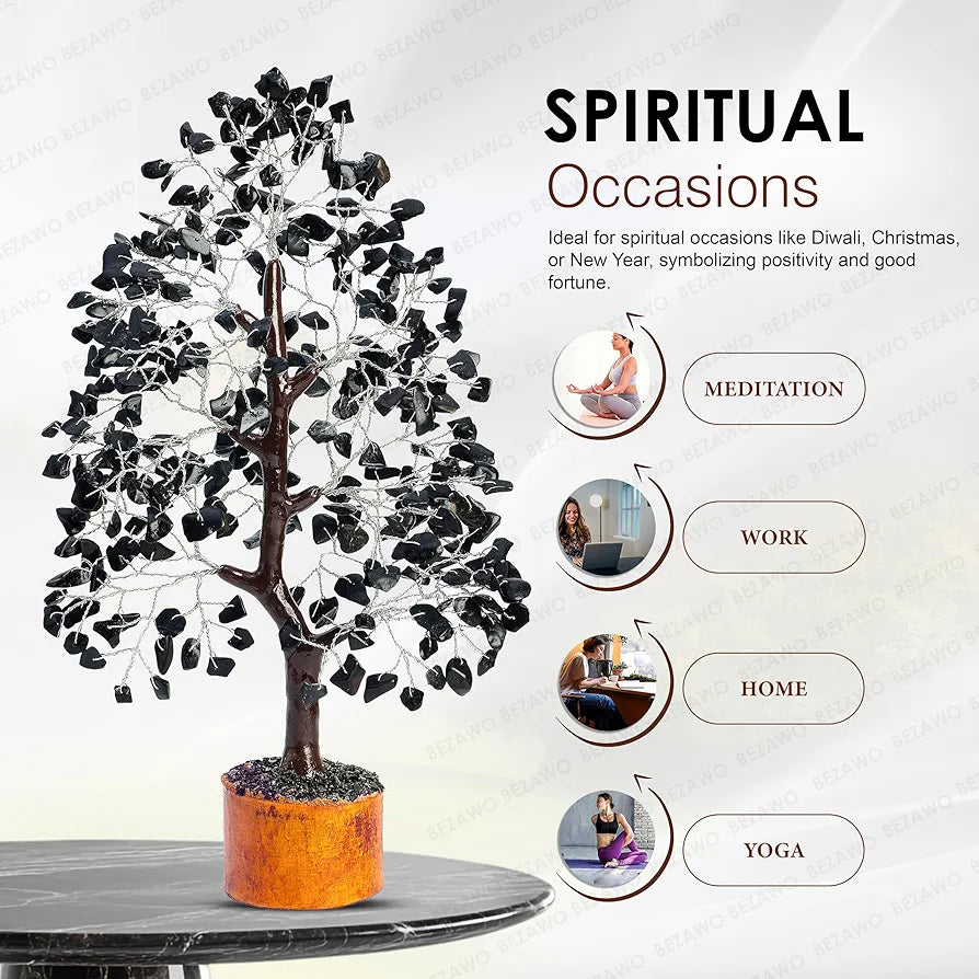 BEZAVO Black Tourmaline Crystal Tree – Healing Money Tree for Feng Shui | Artificial Plant for Home & Office Decoration for Men & Women 