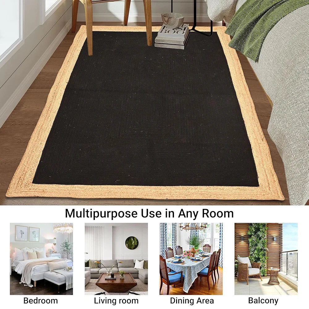 Kuber Industries 3x5 Feet Reversible Carpets for Living Room | Machine Washable Bedside Floor Rugs Mat for Bedroom, Balcony & Drawing Room | Border - Black & Beige