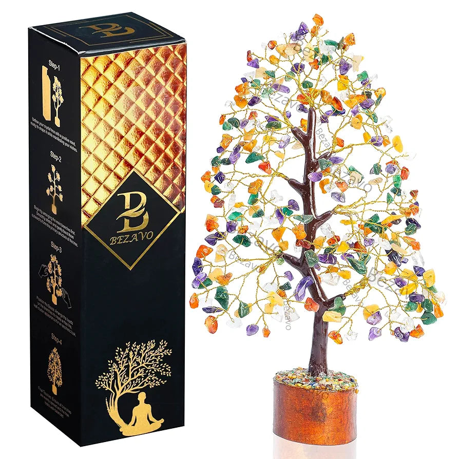 BEZAVO Mix Chakra Crystal Tree – Artificial Tree for Home & Office Decor | Feng Shui Good Luck Tree for Prosperity | Ideal Gift for Men & Women – Wedding, Anniversary & Birthday 