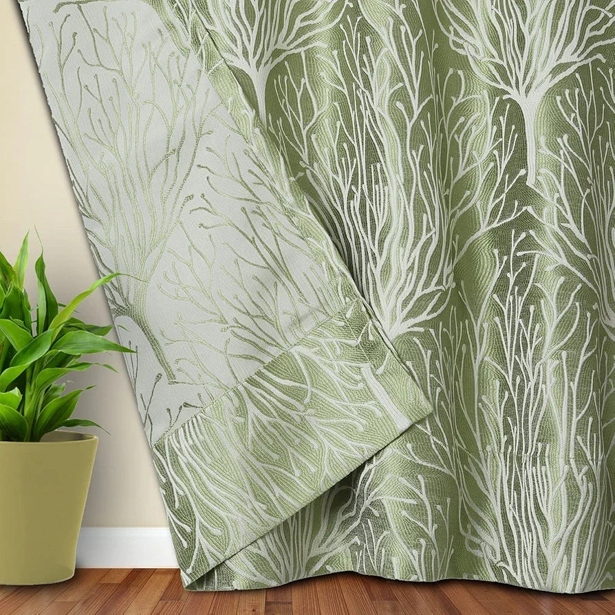 Cloth Fusion Jacquard Long Door Curtain 9 feet Set of 2 | Heavy Polyester Premium Parda | Damask Weave Curtain | Root, Green, Washable