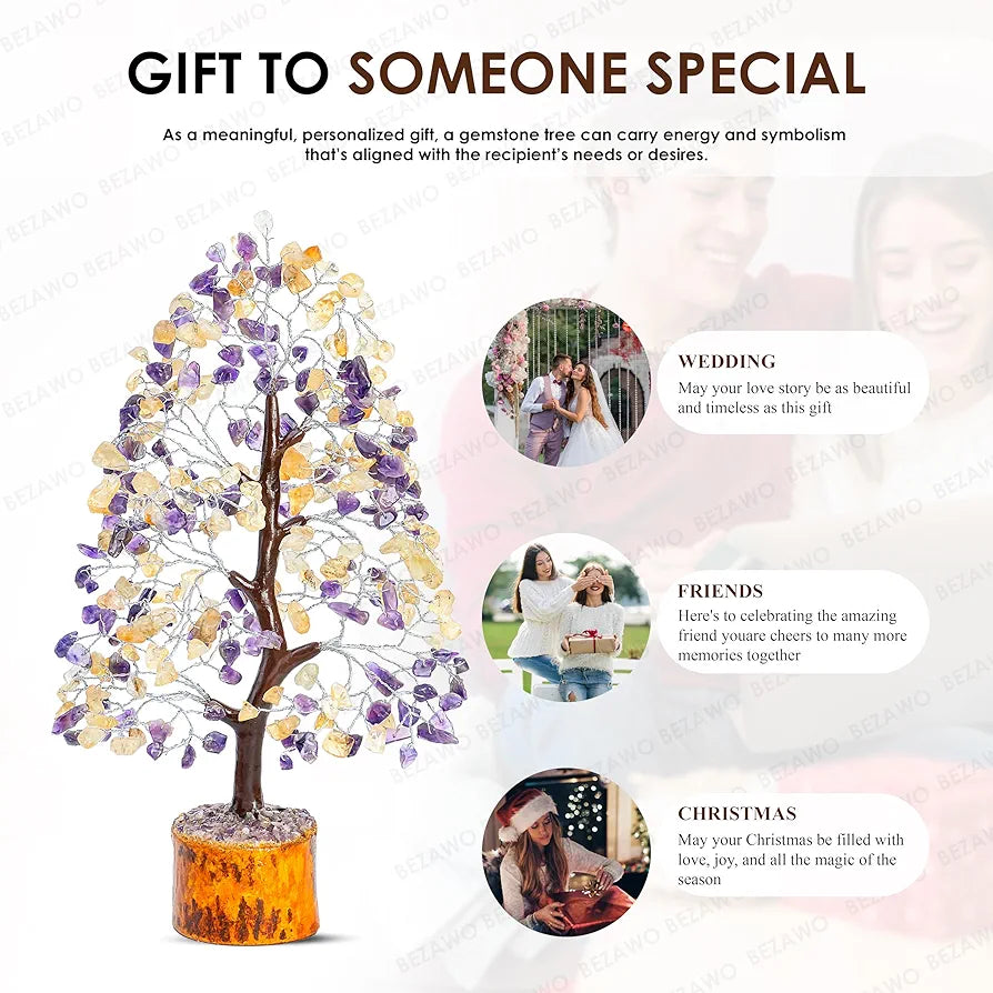 BEZAVO Amethyst & Citrine Crystal Tree | Feng Shui Seven Chakra Energy Tree | Decorative Showpiece for Home & Office | Ideal Marriage Gift & Antique Home Decor – 10-12 Inch 