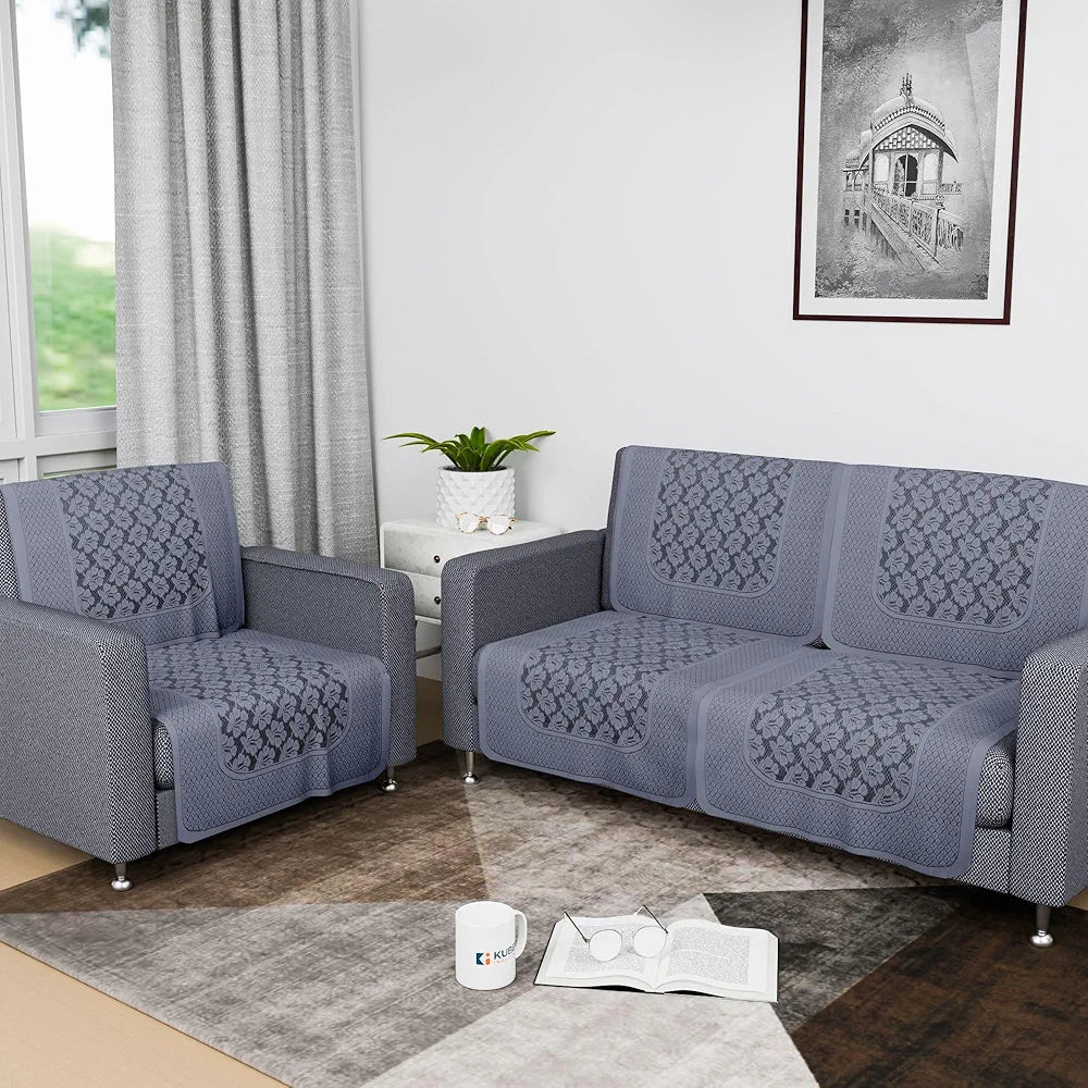 Kuber Industries Net 2+1 Seater Sofa Slip Cover - Couch Cover | Plain Leonardo Flower Print - Grey
