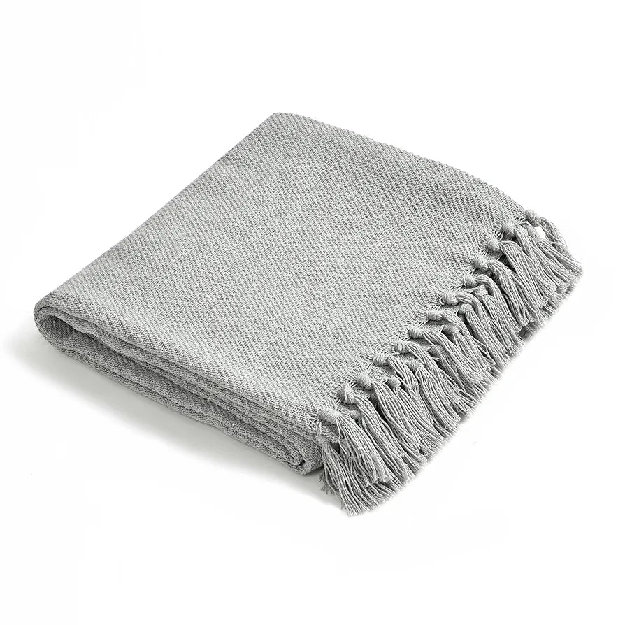 SASHAA WORLD Solid Grey Cotton Throw for Sofa | Ultra-Soft & Cozy Blanket | 100% Cotton | Decorative Fringed Couch Cover | 180 x 130 cm | Machine Washable