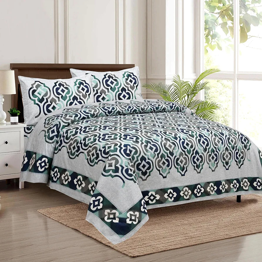 Kuber Industries Double Bedsheet with 2 Pillow Covers | 160 TC Premium Cotton Bedsheet for Double Bed | Bedsheet for Living Room-Home & Hotels | Rusty Star Flower | 100x108 Inch | Green