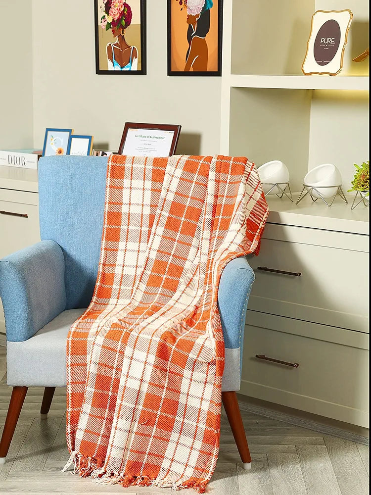 SASHAA WORLD Plaid Blanket | Throw for Living Room, Bedroom, Sofa & Chair | Orange and White Blanket | 1200g, 125x150 cm